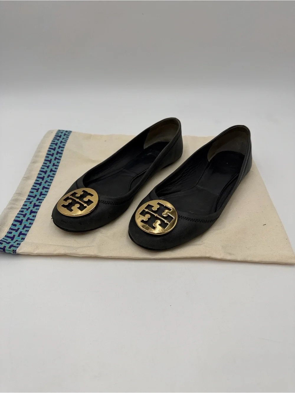 Tory Burch Black Leather Logo Medallion Ballet Flats